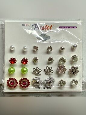 Pastel Collection 12-Pair Mixed Stud Earrings Set Silver Tone